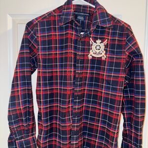 Vintage Ralph Lauren Sport Red & Navy Plaid Button-Up embellished crest logo